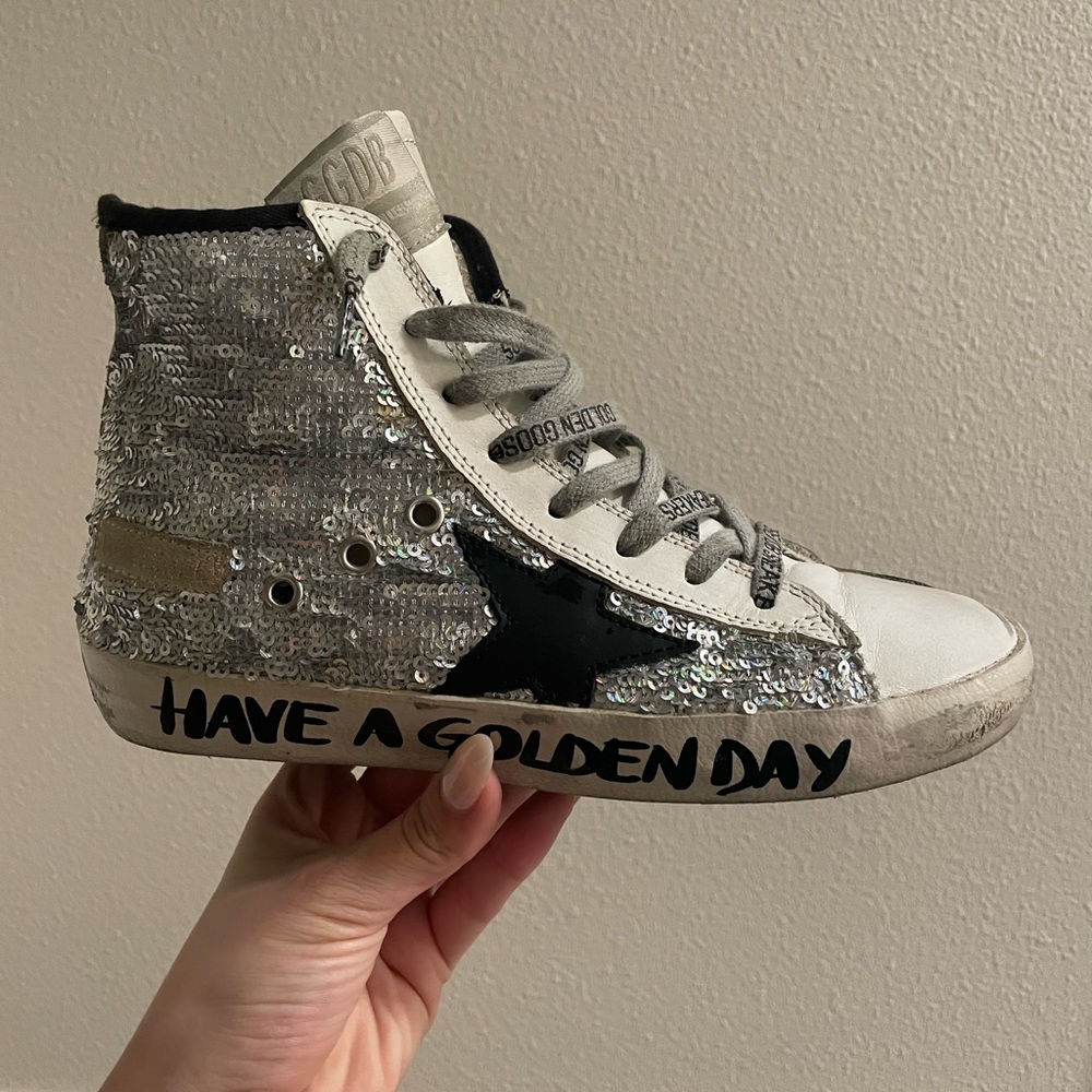 Golden Goose Silver Sequin High-Top Sneakers with Black Star - Picture 1 of 7